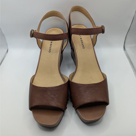 Lucky Brand Zashti Brown Leather Wedge Strappy Studded Open Toe Sandals Size 10 - Picture 2 of 9